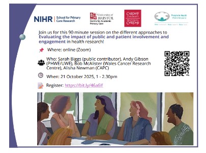 Advert for the PPI imact webinar giving the event details and illustrated with an image a cartoon style image of people gathered around a meeting table.